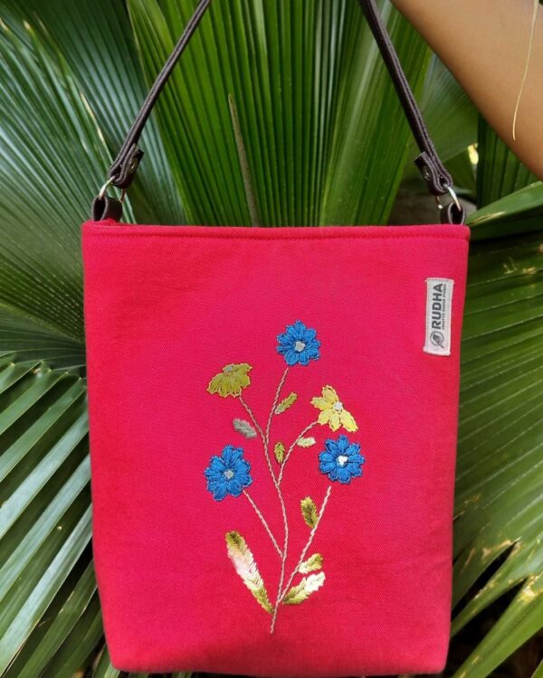 Blue flower - Red Sling Bag for women | Hand embroidery Sling Bags - Image 2
