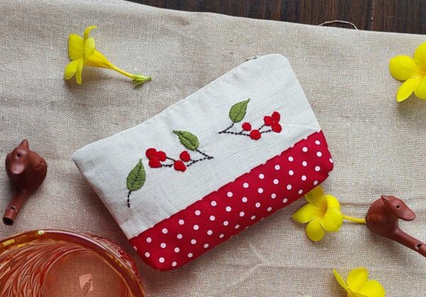 Hand Embroidery Cotton Zipper Pouch for Women 7x9 inch