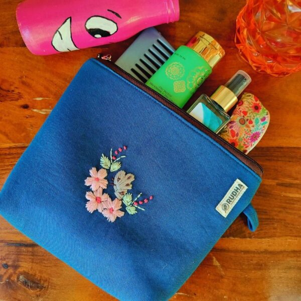 Blue Zippered Travel Pouch, Flower Embroidery Fabric Zipper Pouch - 9x7x1.5 - Image 2