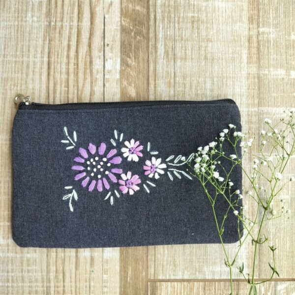 Black Fabric Zipper Pouch with hand embroidery, Travel Zipper Pouch - 22.5 x 14 - Image 2