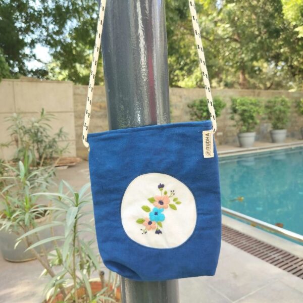 Blue bucket bag for girls, Hand embroidered Floral Sling Bag for Women