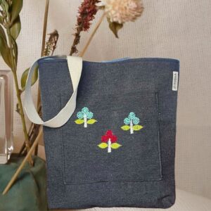 Black Hand Embroidered Cotton Totes For Women