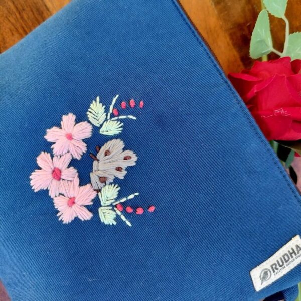 Blue Zippered Travel Pouch, Flower Embroidery Fabric Zipper Pouch - 9x7x1.5 - Image 4