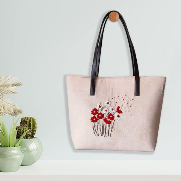 Red White Flower - Off White Cotton Hand Bag for Women - Image 2