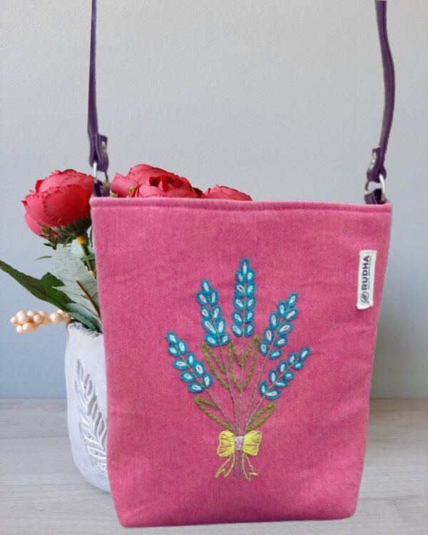 Cotton Sling Bags for Women | Hand embroidered Flower - Pink Sling Bag - Image 3