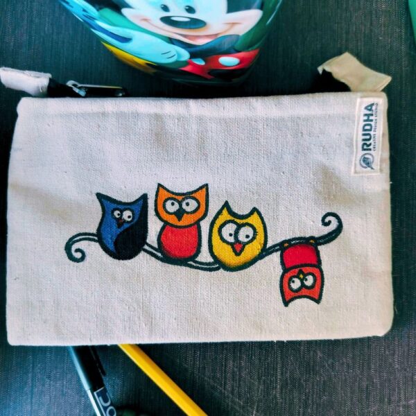Owl Cotton Pencil Pouch for Kids: Handmade Zipper Pouches 9x5 inch - Image 2