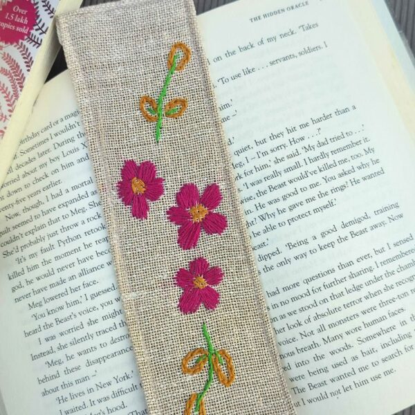 Pink Flower Handmade Bookmarks, Jute Bookmarks 2x7inches
