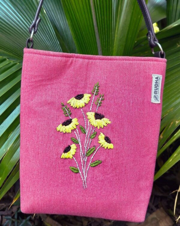 Yellow Flower Pink handcrafted Sling Bag, Sling bags for Girls