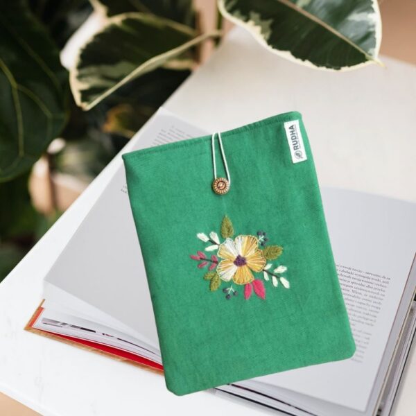 Embroidery Book Sleeve,Green Book Protector, Flower Book Pouch,Padded Book Cover - Image 5
