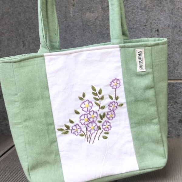 Hand embroidered Green Small Cotton Tote Bag | Tote Bags for Women - Image 2