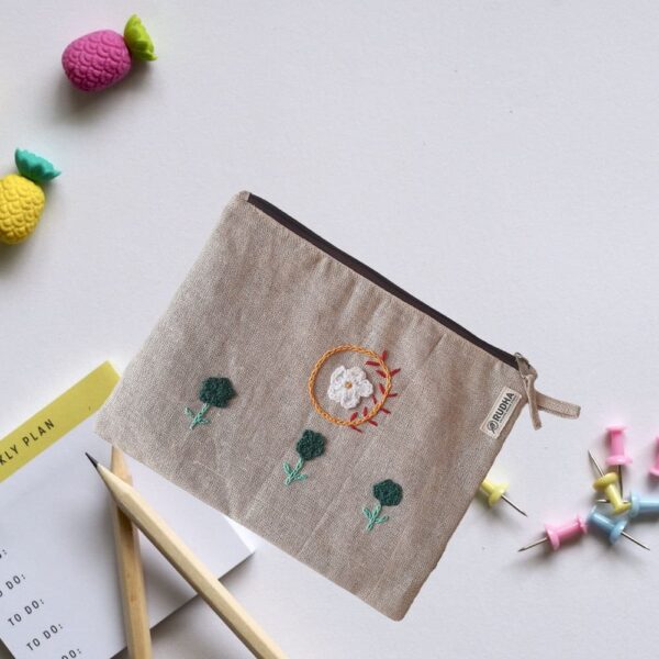 Green Flower Fabric Travel Pouch, Cotton Zipper Pouch  11x8.5 In