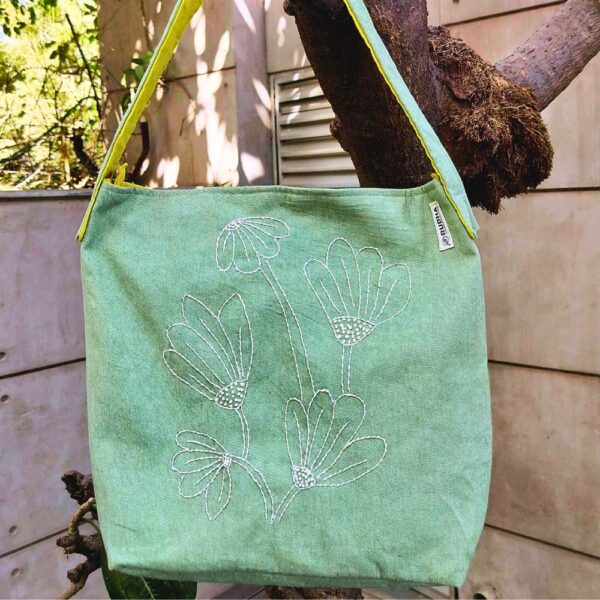 Green Hobo Bags with Flower embroidery | Everyday Fabric Hobo bags - Image 2