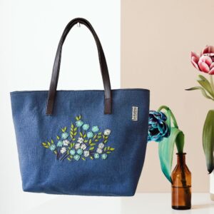 Women Blue Cotton Shoulder Bag / Hand embroidery Hand Bags