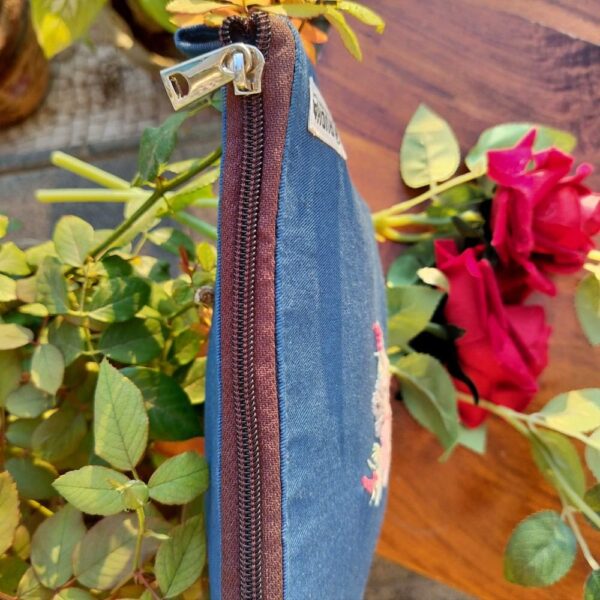 Blue Zippered Travel Pouch, Flower Embroidery Fabric Zipper Pouch - 9x7x1.5 - Image 5