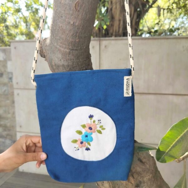 Blue bucket bag for girls, Hand embroidered Floral Sling Bag for Women - Image 2
