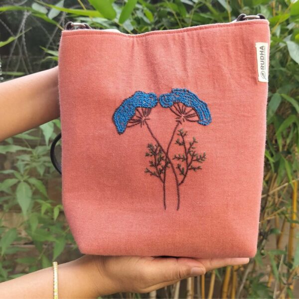 Blue Flower - Orange Sling Bag for women | Hand embroidery Sling Bags - Image 2
