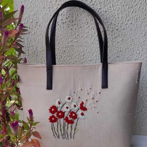 Red White Flower - Off White Cotton Hand Bag for Women
