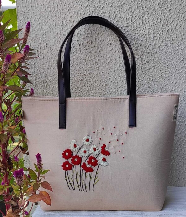 Red White Flower - Off White Cotton Hand Bag for Women