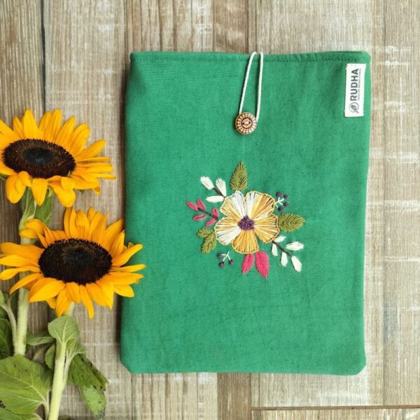 Embroidery Book Sleeve,Green Book Protector, Flower Book Pouch,Padded Book Cover - Image 4