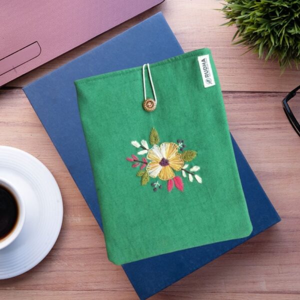 Embroidery Book Sleeve,Green Book Protector, Flower Book Pouch,Padded Book Cover - Image 3