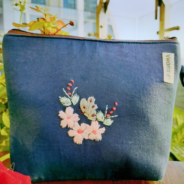 Blue Zippered Travel Pouch, Flower Embroidery Fabric Zipper Pouch - 9x7x1.5 - Image 3