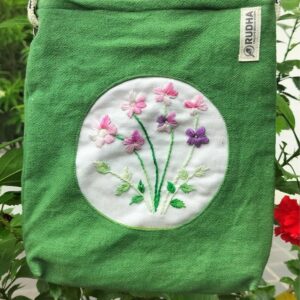 Flower embroidery Cotton Sling Bag, Green Sling Bags for Outing, Small Sling bag