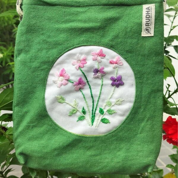 Flower embroidery Cotton Sling Bag, Green Sling Bags for Outing, Small Sling bag