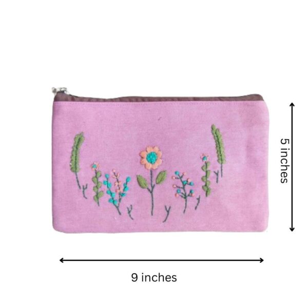 Pink Hand embroidered Pencil Cloth Zipper Pouch | Gift for Students | 9x5 inch - Image 3