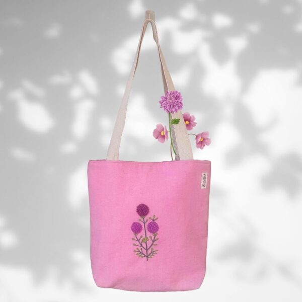 Pink Tote Bags For Women/Girls with Purple Flower Embroidery - Image 2