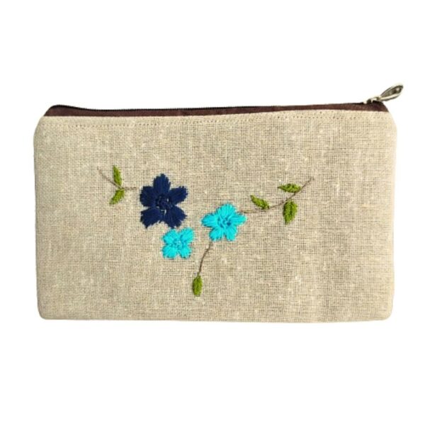 Flower Hand embroidered Jute Zipper Pouch Cloth Organizer Zipper Pouchon Pouches - Image 2
