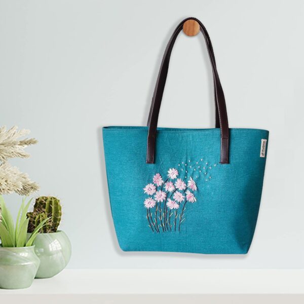 Pink Flower - Sea Green/Blue fabric shoulder bag - Image 2