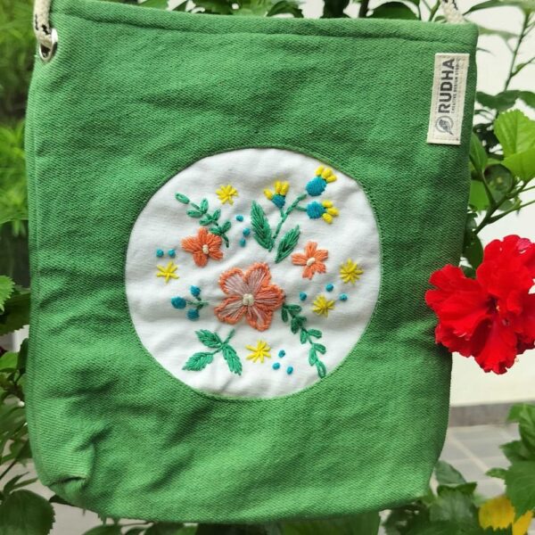 Green Hand Embroidered Small Sling Bag | Women Sling Bag | Cotton Slings - Image 3
