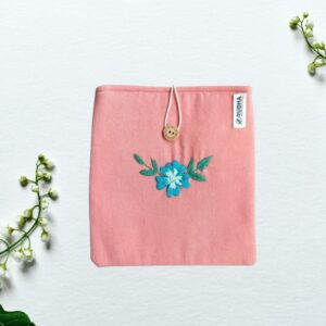 Blue Flower Book Pouch, Hand Embroidered Book protector for books and kindle