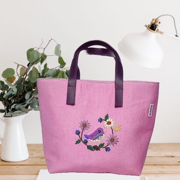 Purple Bird Pink Cotton HandBags for Women - Image 3