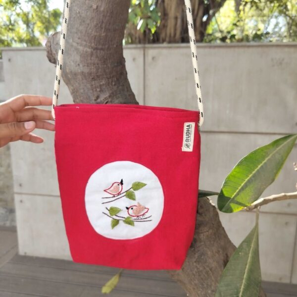 Handcrafted Sling Bags for women, Red Bird embroidered bag - Image 2