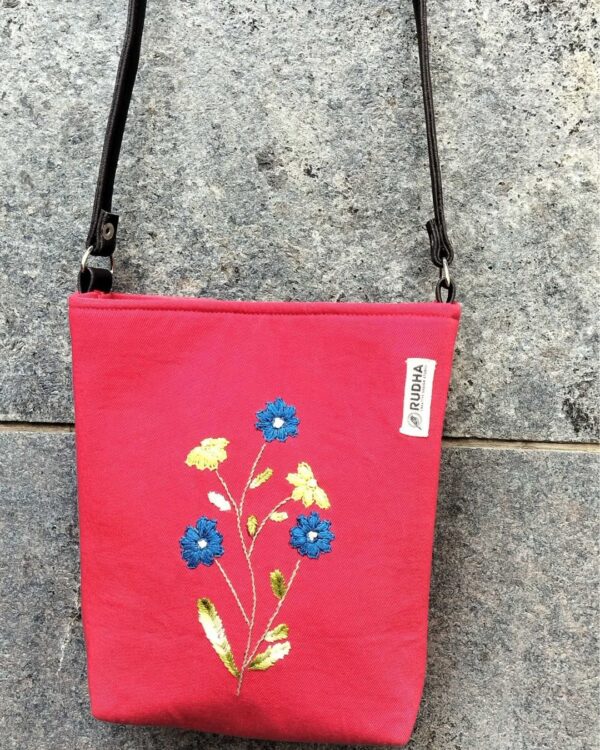 Blue flower - Red Sling Bag for women | Hand embroidery Sling Bags