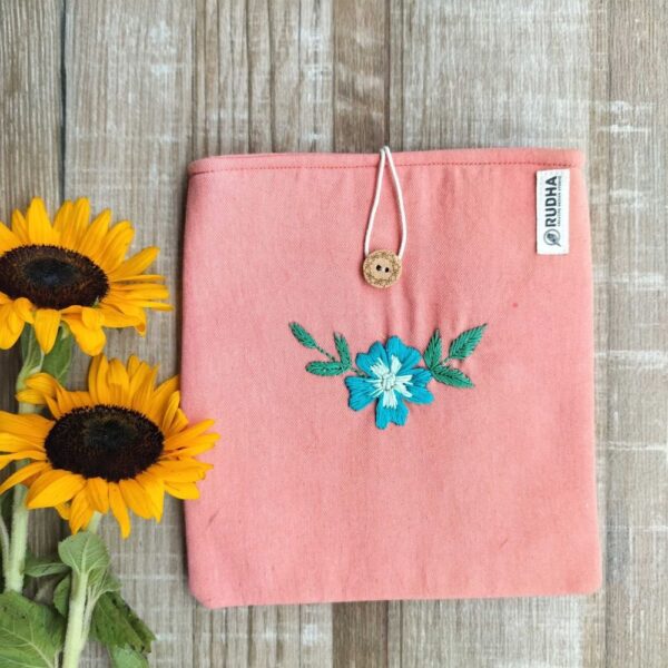 Blue Flower Book Pouch, Hand Embroidered Book protector for books and kindle - Image 3
