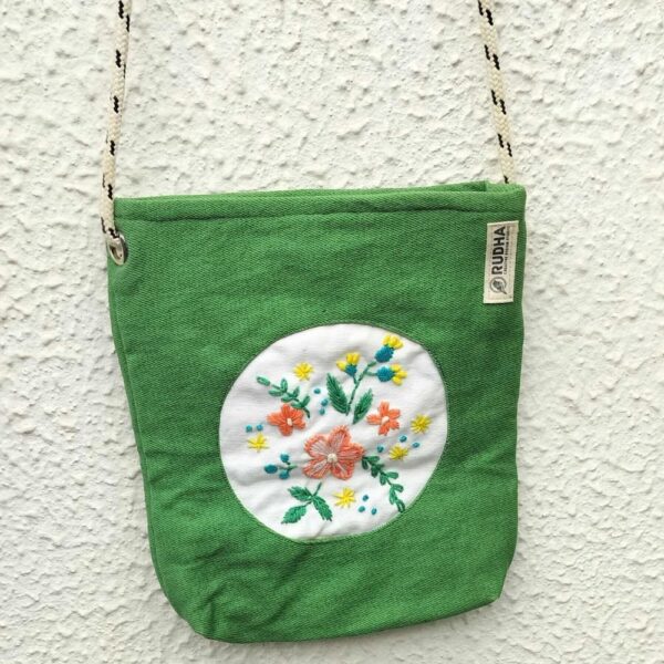 Green Hand Embroidered Small Sling Bag | Women Sling Bag | Cotton Slings