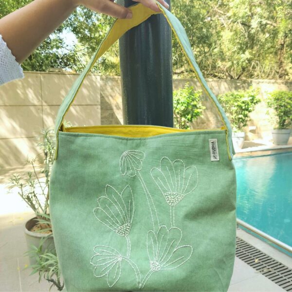 Green Hobo Bags with Flower embroidery | Everyday Fabric Hobo bags - Image 5