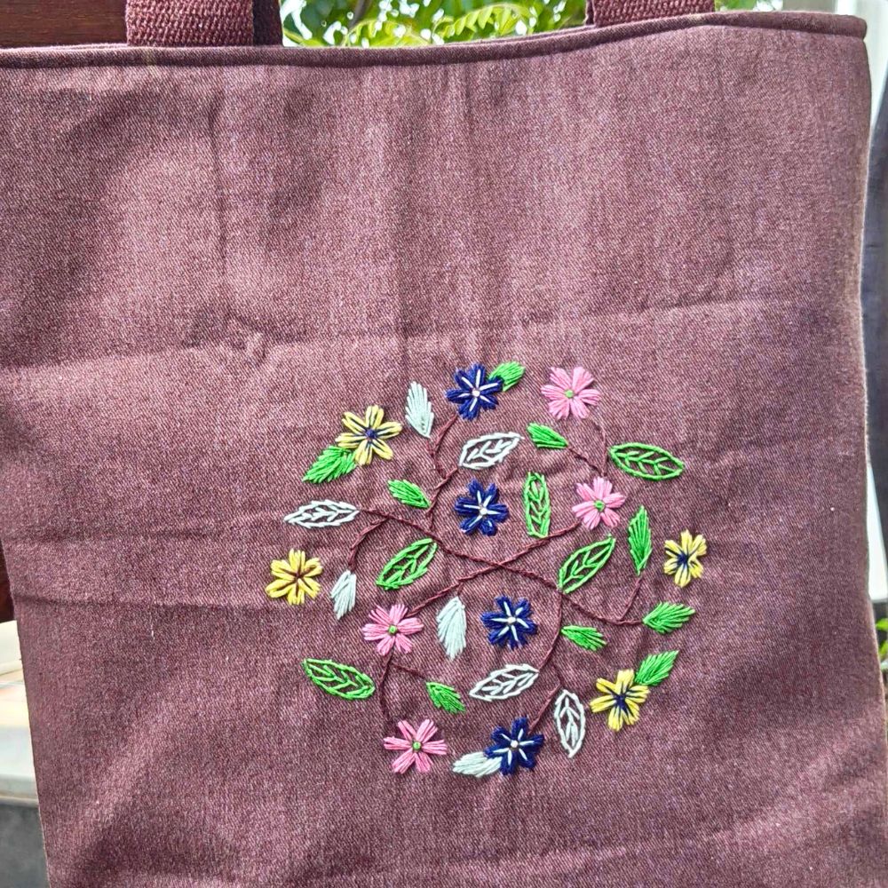 Hand Embroidered Floral Tote Bag | Handmade Cotton Everyday Bag for Women - Image 3