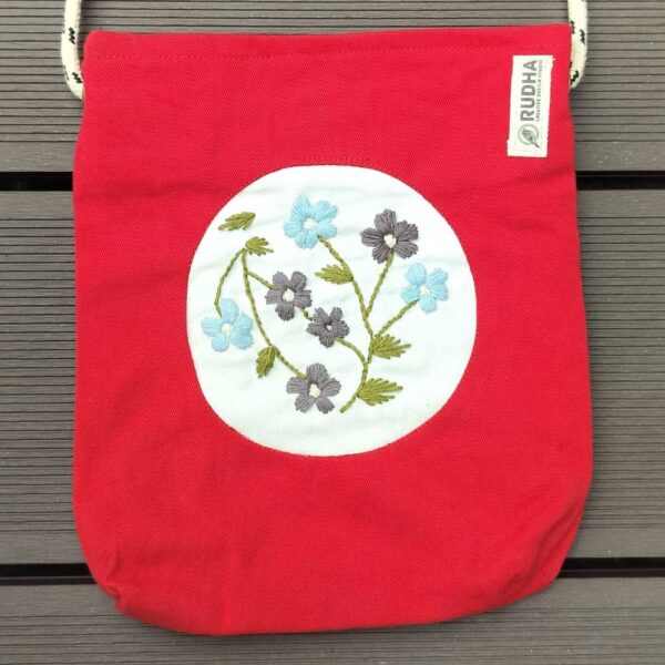 Red Cotton Small Sling Bag for Girls, Flower Hand Embroidery Sling Bags - Image 4