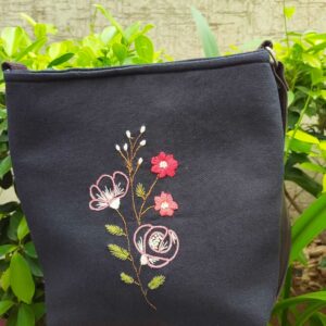 Pink Flower Black Cotton Sling Bags | Hand embroidery bags for Women