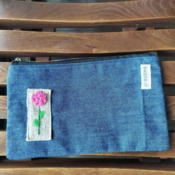 Pink Flower Cosmetic Denim Pouch | Fabric Zipper Pouch 9.5x5.5 inch - Image 2
