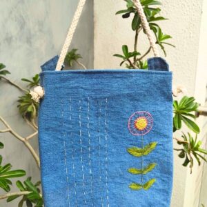 Blue bucket bag for girls, Hand embroidered Floral Sling Bag for Women