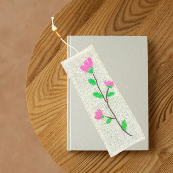 Pink Floral Handmade Bookmark 2x8inches | Hand embroidered Jute Bookmarks - Image 3