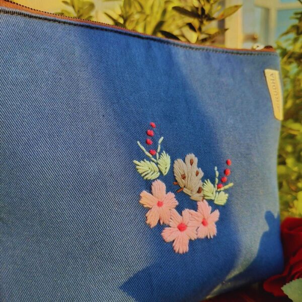 Blue Zippered Travel Pouch, Flower Embroidery Fabric Zipper Pouch - 9x7x1.5 - Image 6